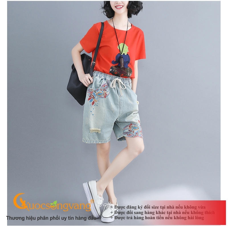 Quần short jean nữ rách quần đùi thêu hoa xanh nhạt GLQ119