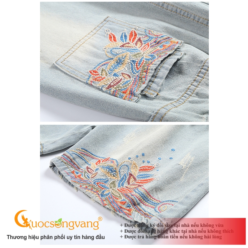 Quần short jean nữ rách quần đùi thêu hoa xanh nhạt GLQ119