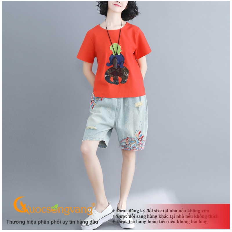 Quần short jean nữ rách quần đùi thêu hoa xanh nhạt GLQ119