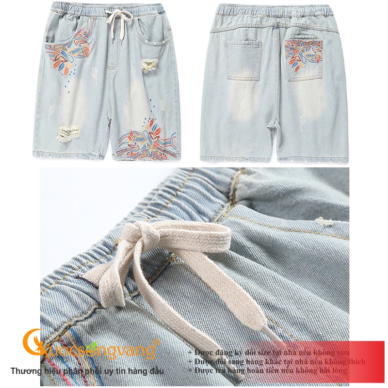 Quần short jean nữ rách quần đùi thêu hoa xanh nhạt GLQ119