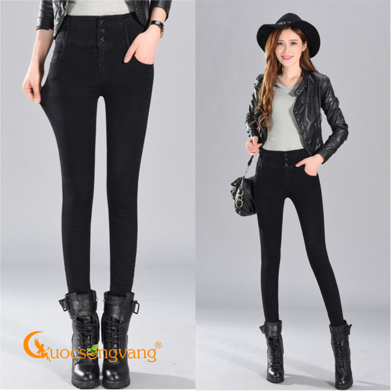 Quần jean nữ lưng thun dáng ôm quần nữ lưng cao skinny màu đen GLQ068