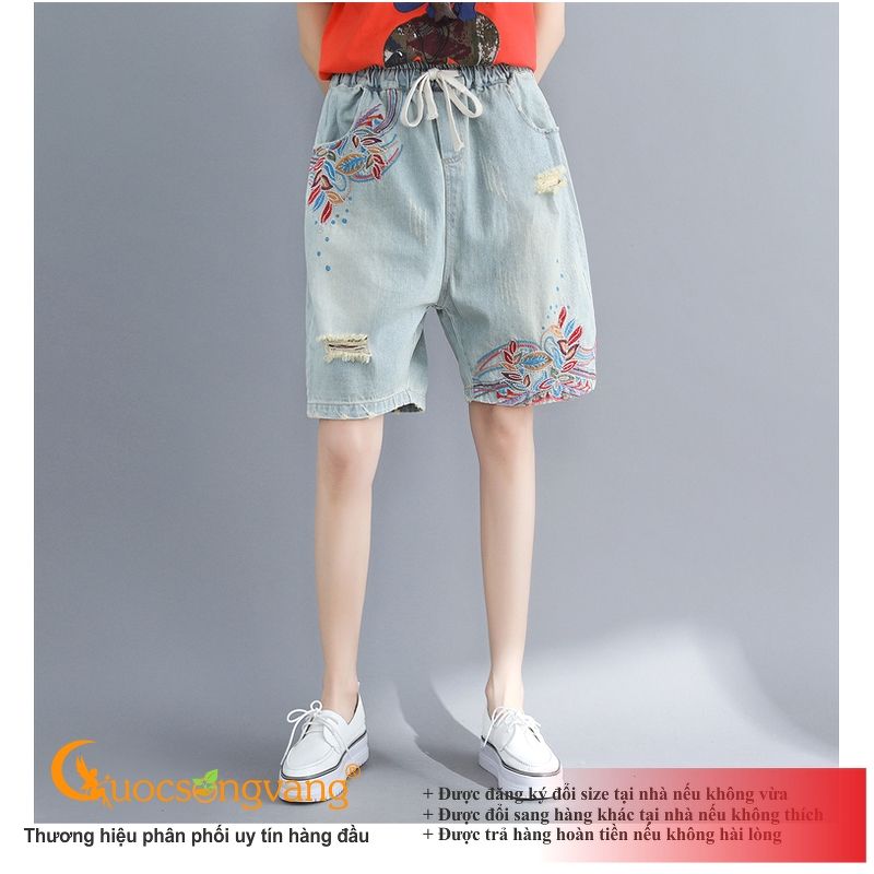 Quần short jean nữ rách quần đùi thêu hoa xanh nhạt GLQ119