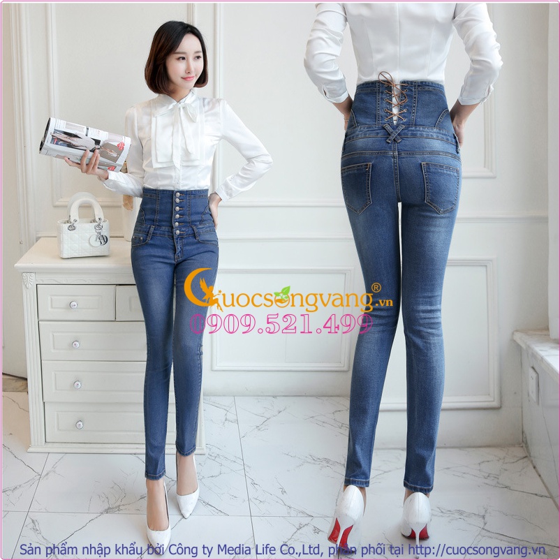 Quần jean nữ lưng cao nhiều nút thắt dây GLQ026