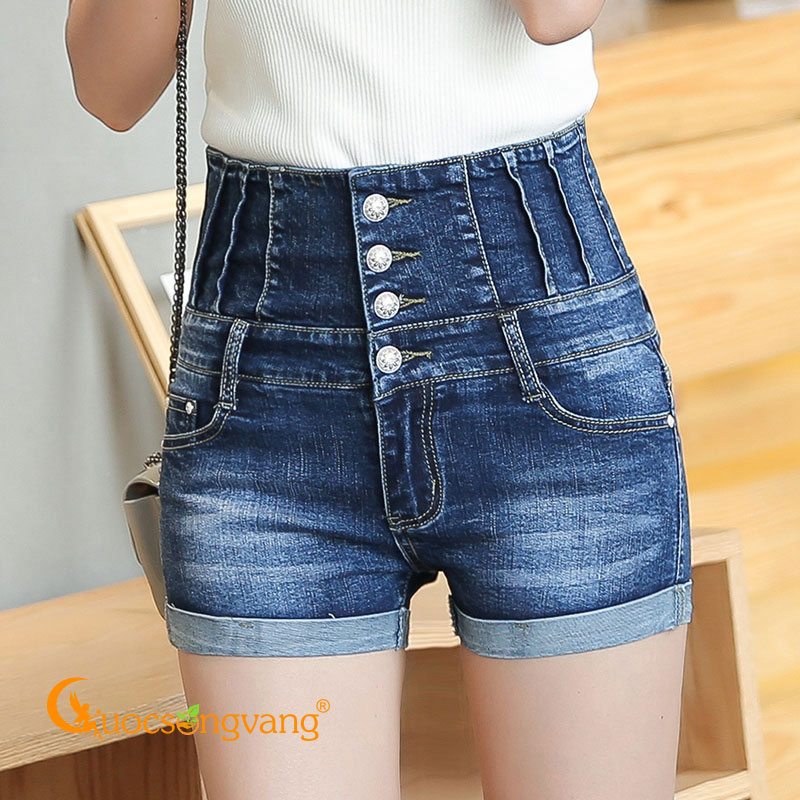 Quần short nữ đẹp quần short jean lưng cao màu xanh đậm GLQ066