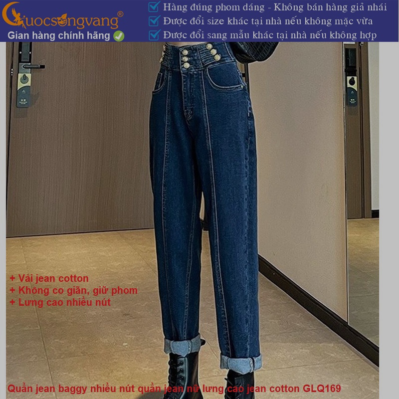 Quần jean baggy nhiều nút quần jean nữ lưng cao jean cotton GLQ169