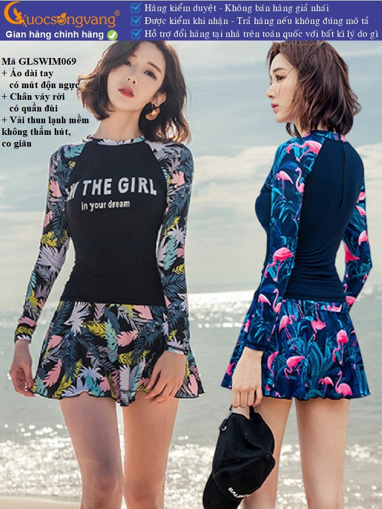 Bộ đồ bơi nữ dài tay váy quần rời có mút độn ngực GLSWIM069