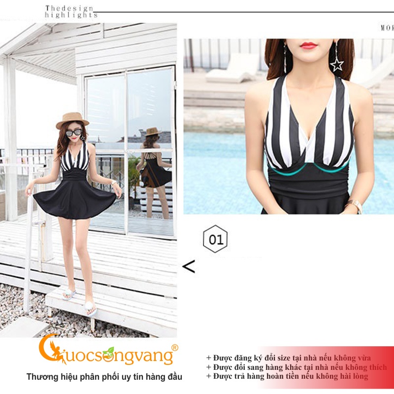 Đồ bơi nữ sọc liền thân váy đầm đi biển kèm quần an toàn GLSWIM037