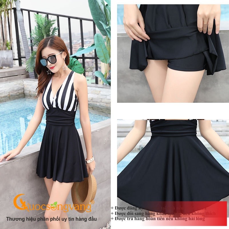 Đồ bơi nữ sọc liền thân váy đầm đi biển kèm quần an toàn GLSWIM037