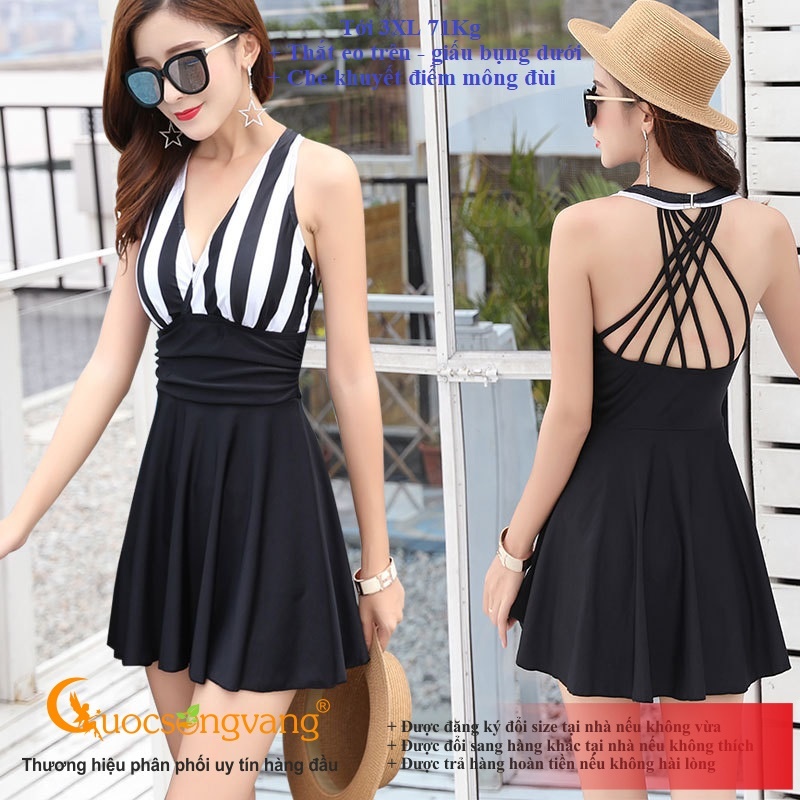 Đồ bơi nữ sọc liền thân váy đầm đi biển kèm quần an toàn GLSWIM037