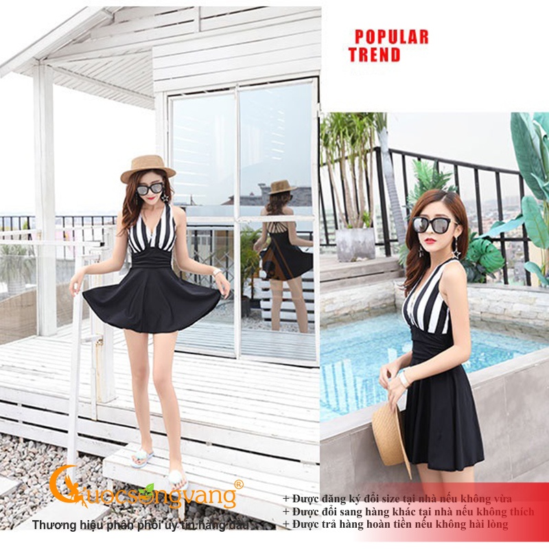 Đồ bơi nữ sọc liền thân váy đầm đi biển kèm quần an toàn GLSWIM037