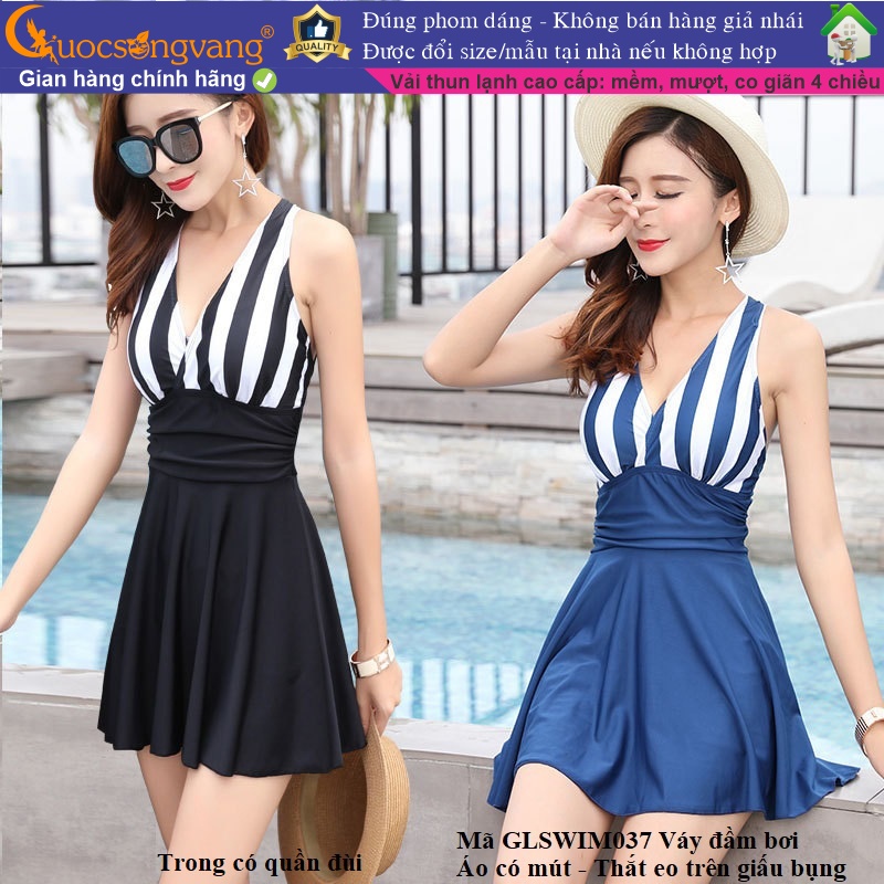 Đồ bơi nữ sọc liền thân váy đầm đi biển kèm quần an toàn GLSWIM037
