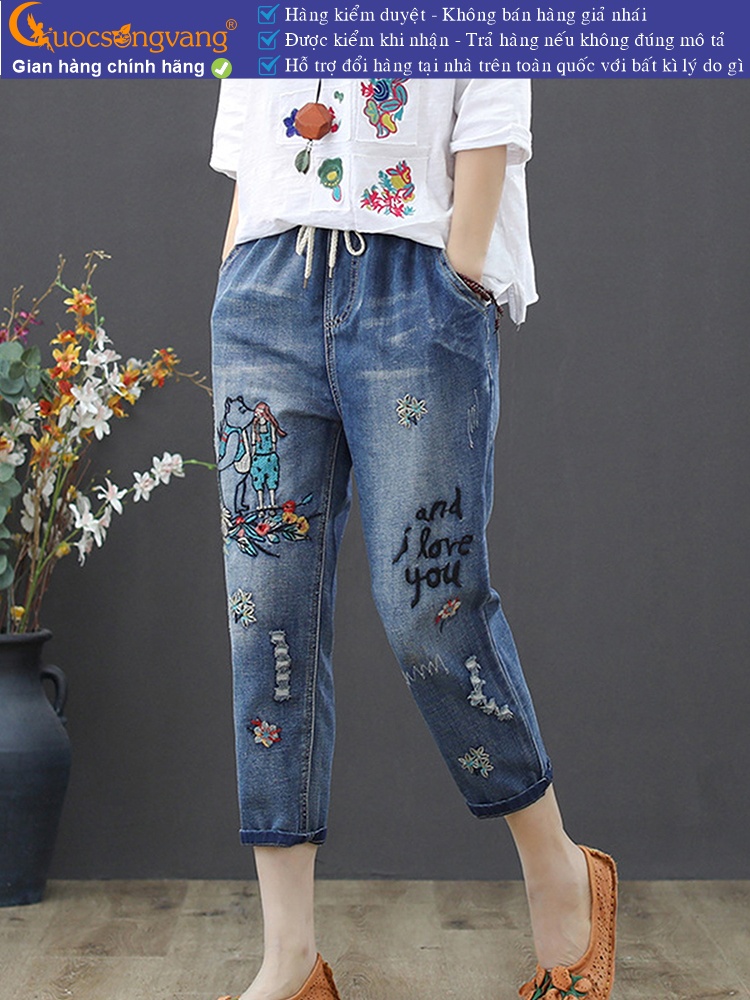 Quần jean nữ lưng thun kiểu nhật quần nữ baggy thêu GLQ125