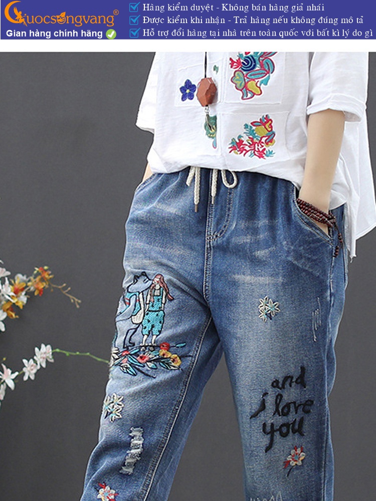 Quần jean nữ lưng thun kiểu nhật quần nữ baggy thêu GLQ125