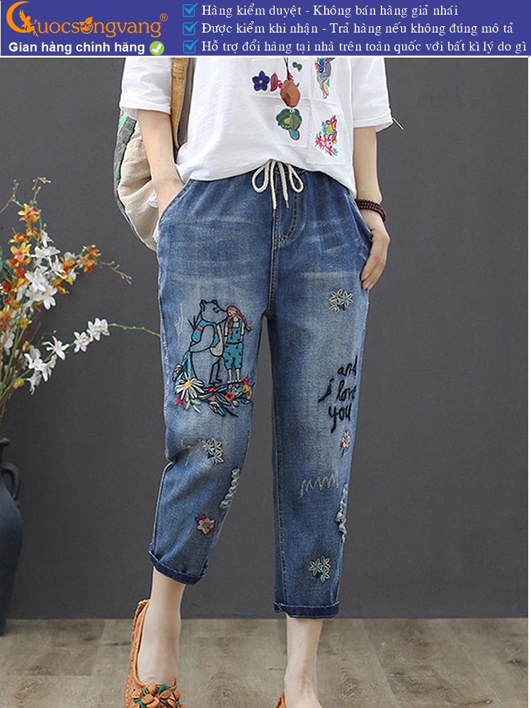 Quần jean nữ lưng thun kiểu nhật quần nữ baggy thêu GLQ125