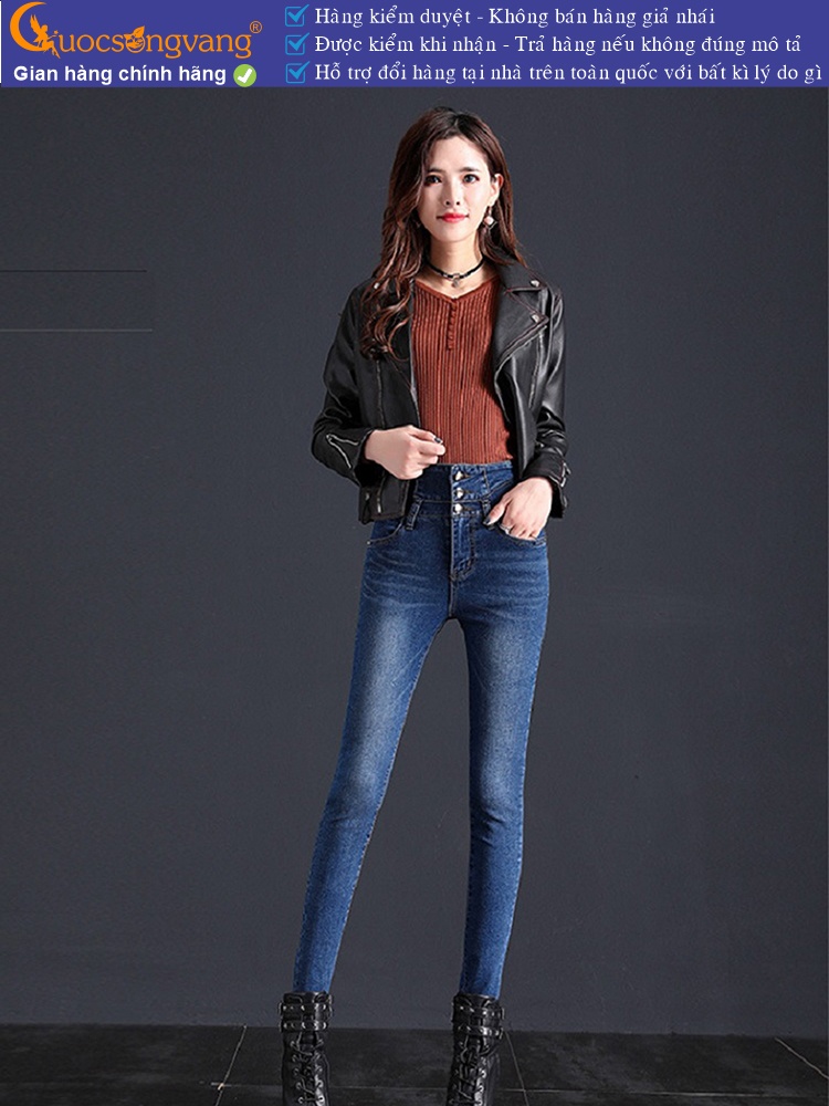 Quần jean nữ lưng cao màu xanh đậm quần jean dáng ôm co giãn GLQ112