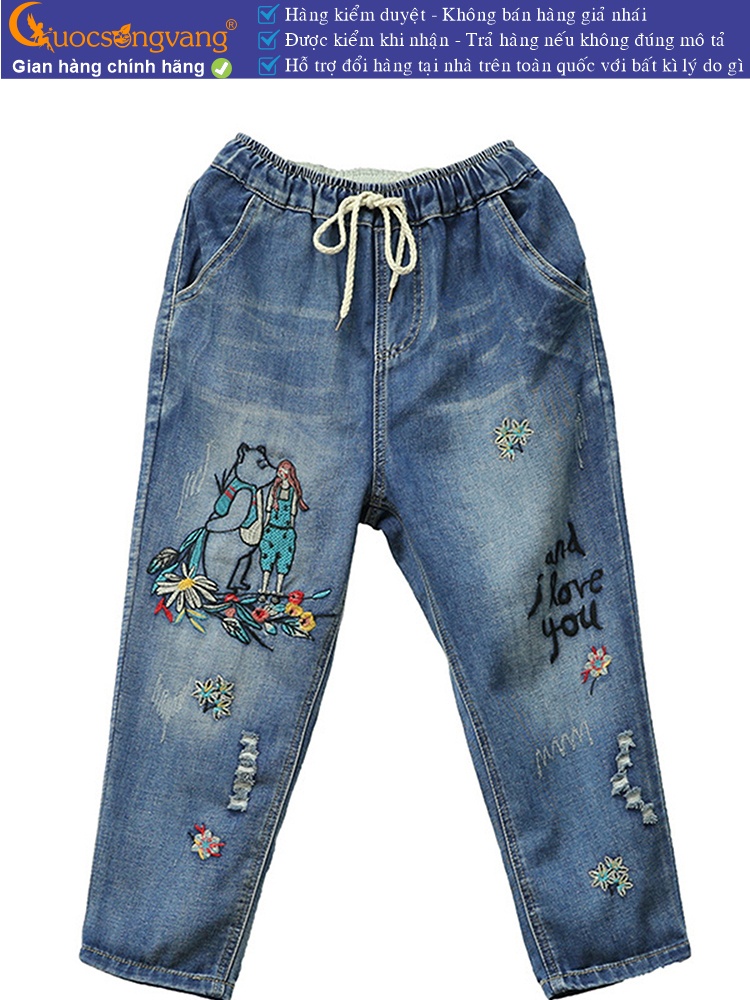 Quần jean nữ lưng thun kiểu nhật quần nữ baggy thêu GLQ125