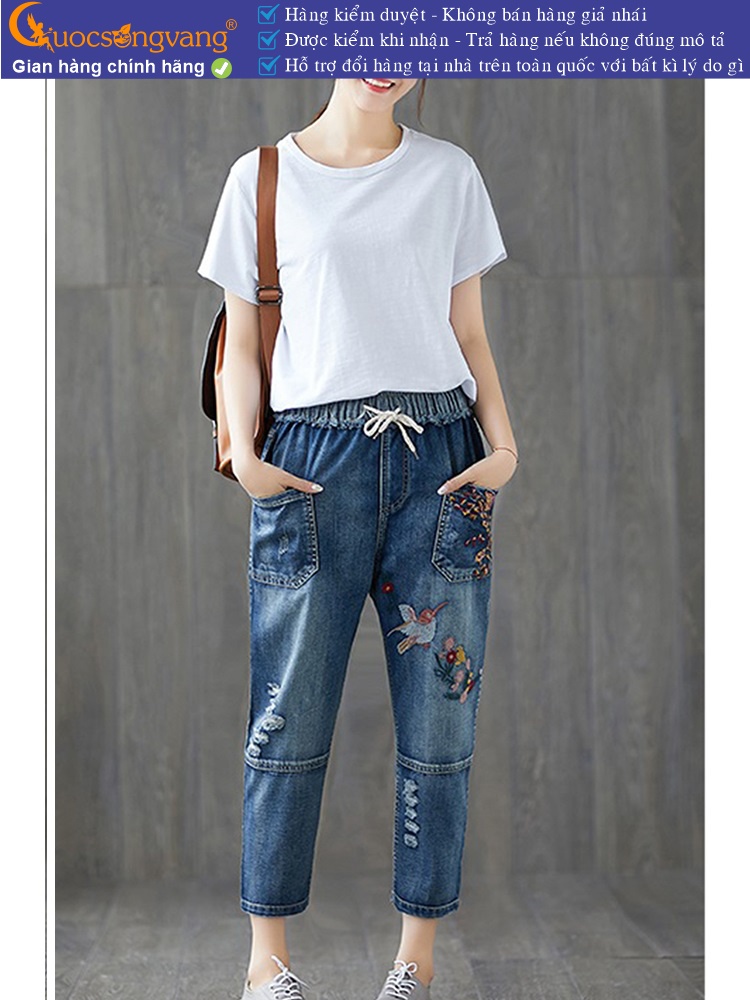 Quần jean nữ kiểu nhật lưng thun quần baggy nữ thêu GLQ122