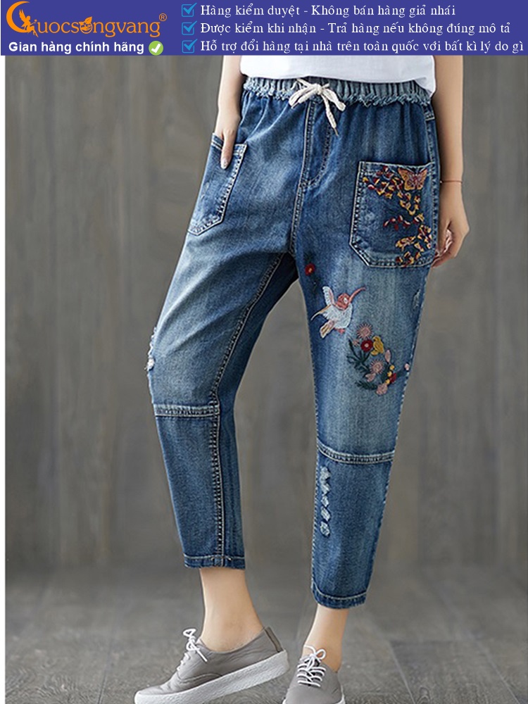 Quần jean nữ kiểu nhật lưng thun quần baggy nữ thêu GLQ122