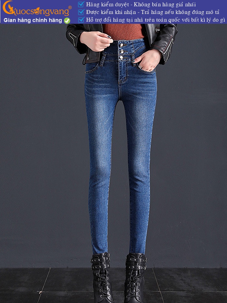 Quần jean nữ lưng cao màu xanh đậm quần jean dáng ôm co giãn GLQ112