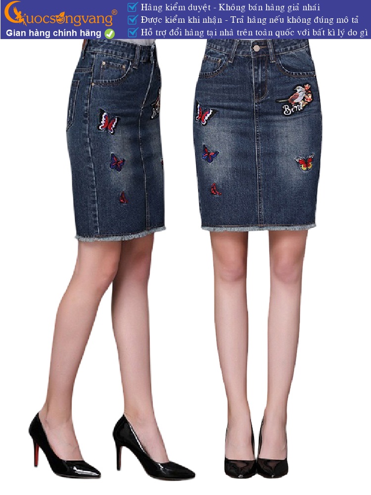 Chân váy jean lưng cao thêu họa tiết GLV067