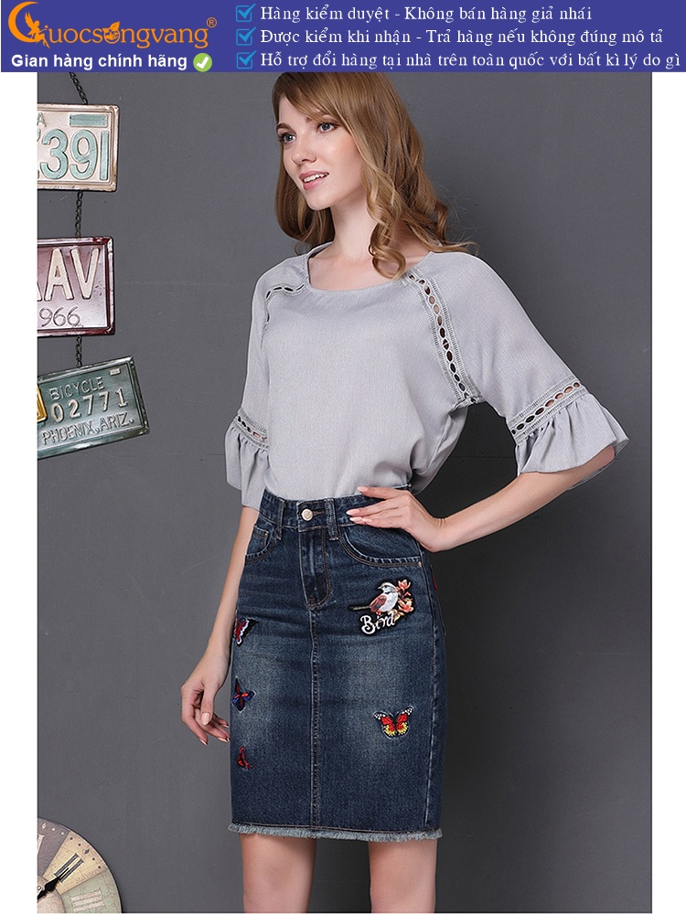 Chân váy jean lưng cao thêu họa tiết GLV067