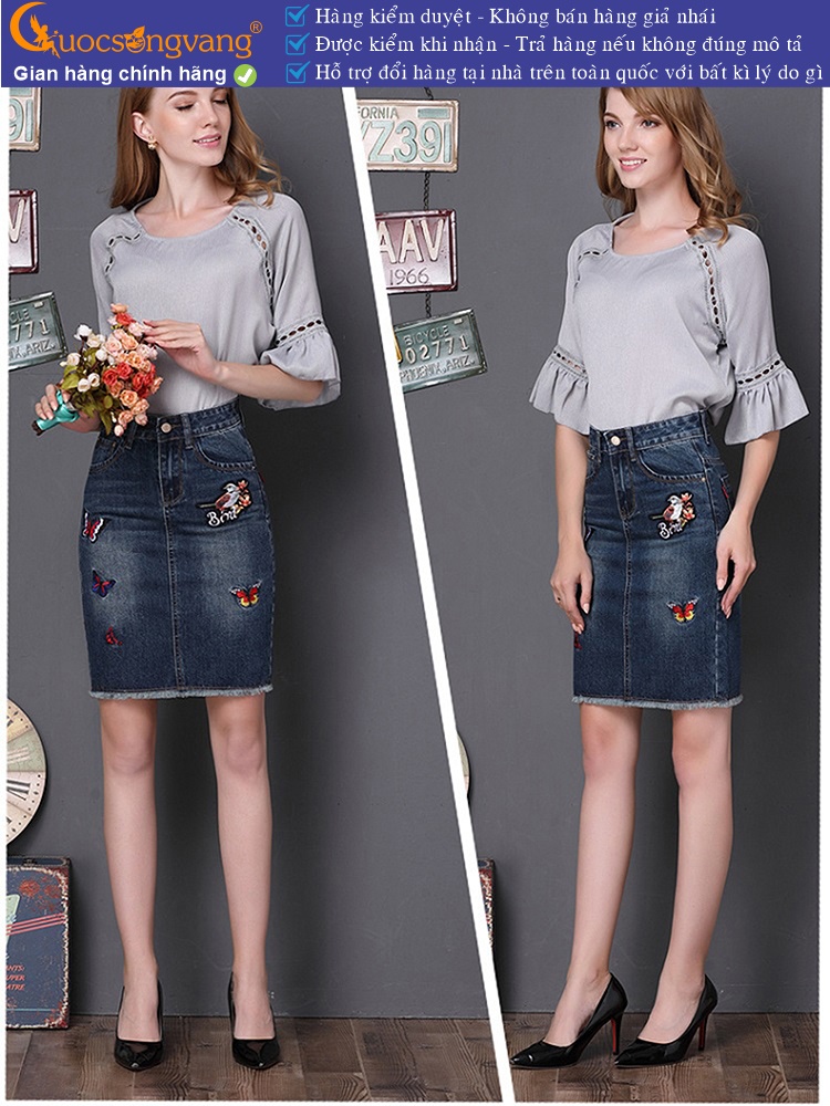 Chân váy jean lưng cao thêu họa tiết GLV067