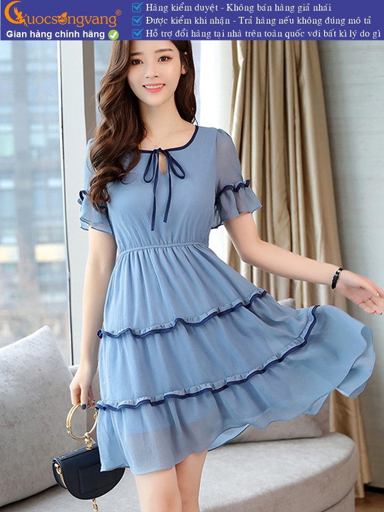 Váy đầm midi ngắn tay thân váy có lớp lót trong GLV078