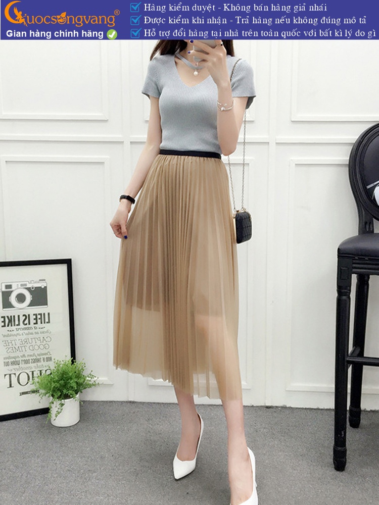 Chân váy midi xếp ly hai lớp eo thun GLV080