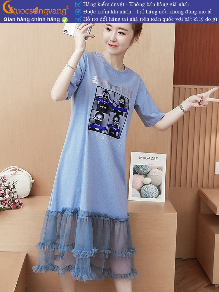 Váy đầm suông ngắn tay cotton phối lưới chân váy GLV097