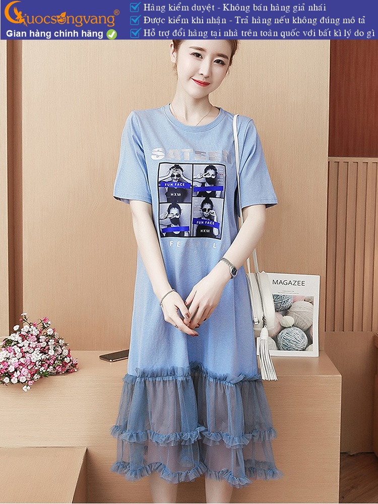 Váy đầm suông ngắn tay cotton phối lưới chân váy GLV097