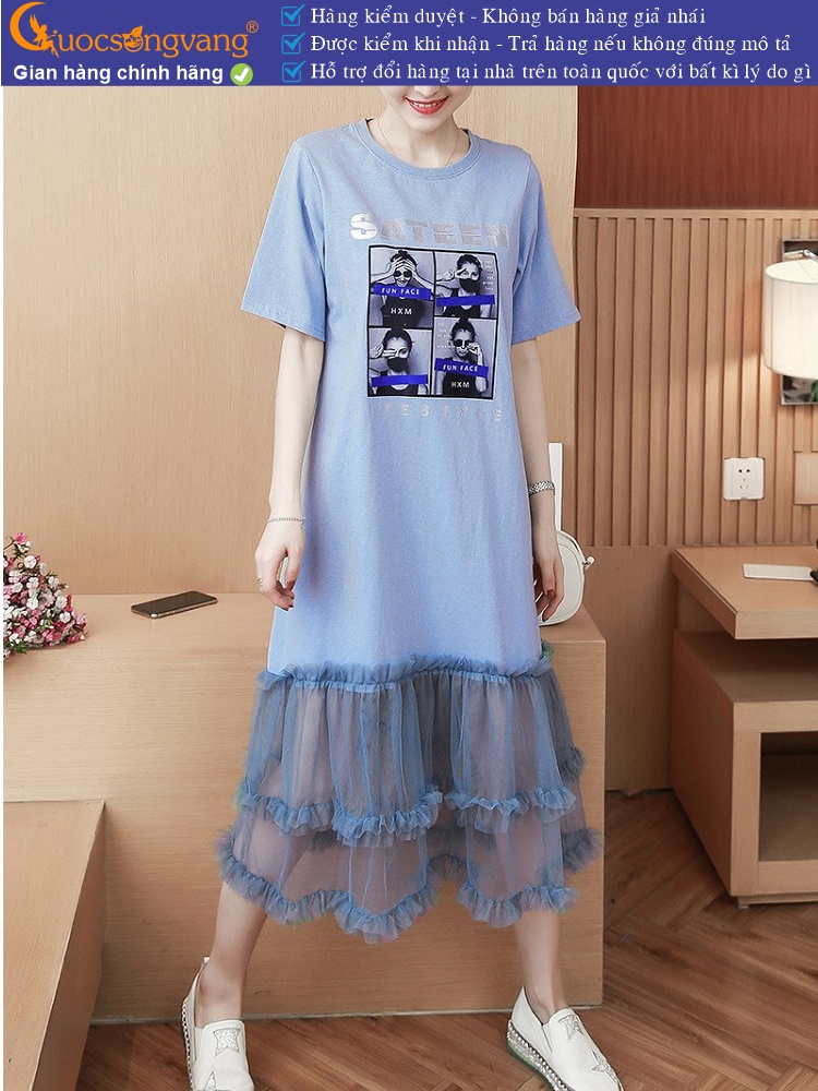 Váy đầm suông ngắn tay cotton phối lưới chân váy GLV097