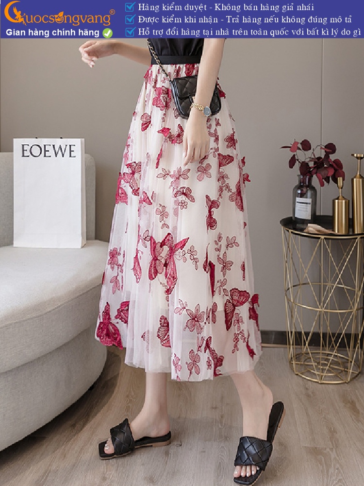 Chân váy dài phủ lưới đính bướm chân váy 3 lớp GLV179