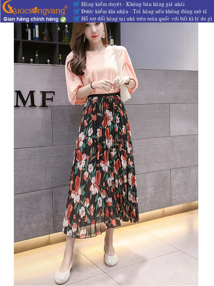 Chân váy midi dập li eo thun có lót trong GLV158