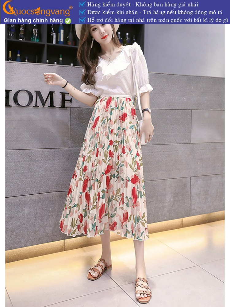 Chân váy midi dập li eo thun có lót trong GLV158