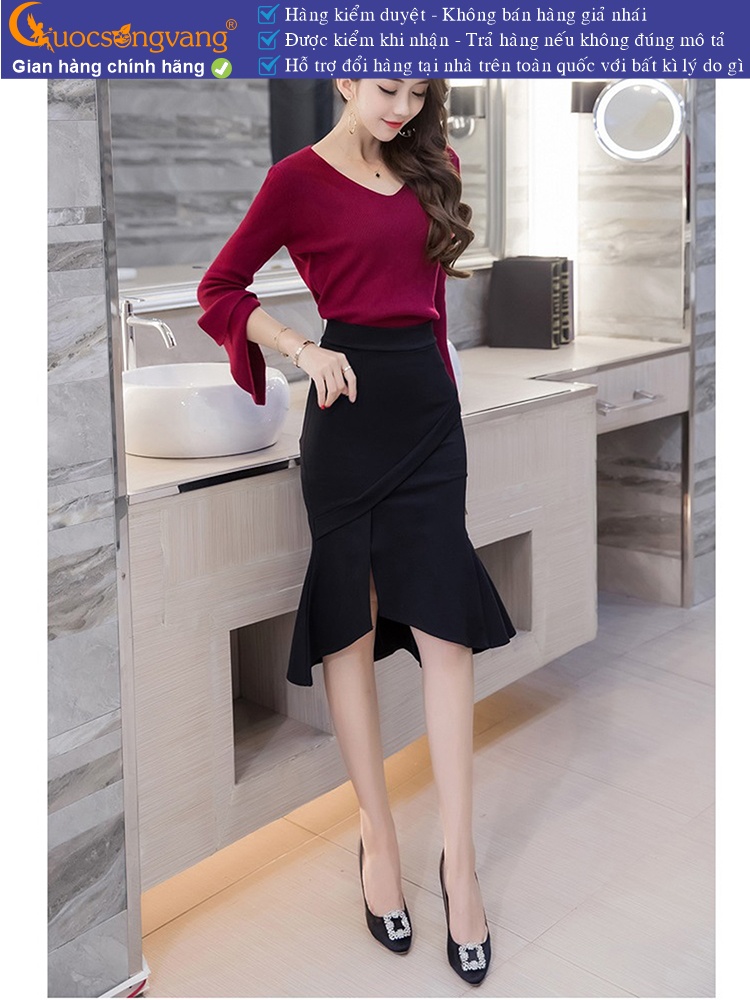 Chân váy công sở lưng cao dáng ôm gấu loe cách điệu GLV159