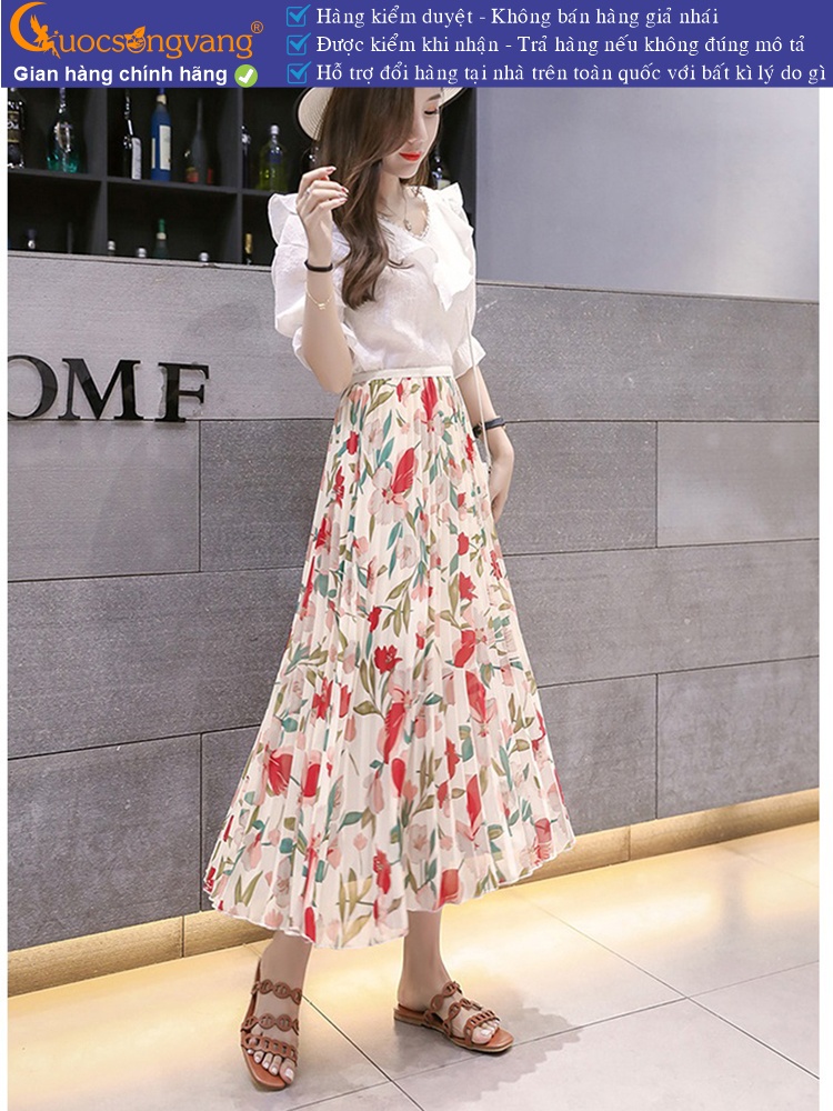 Chân váy midi dập li eo thun có lót trong GLV158