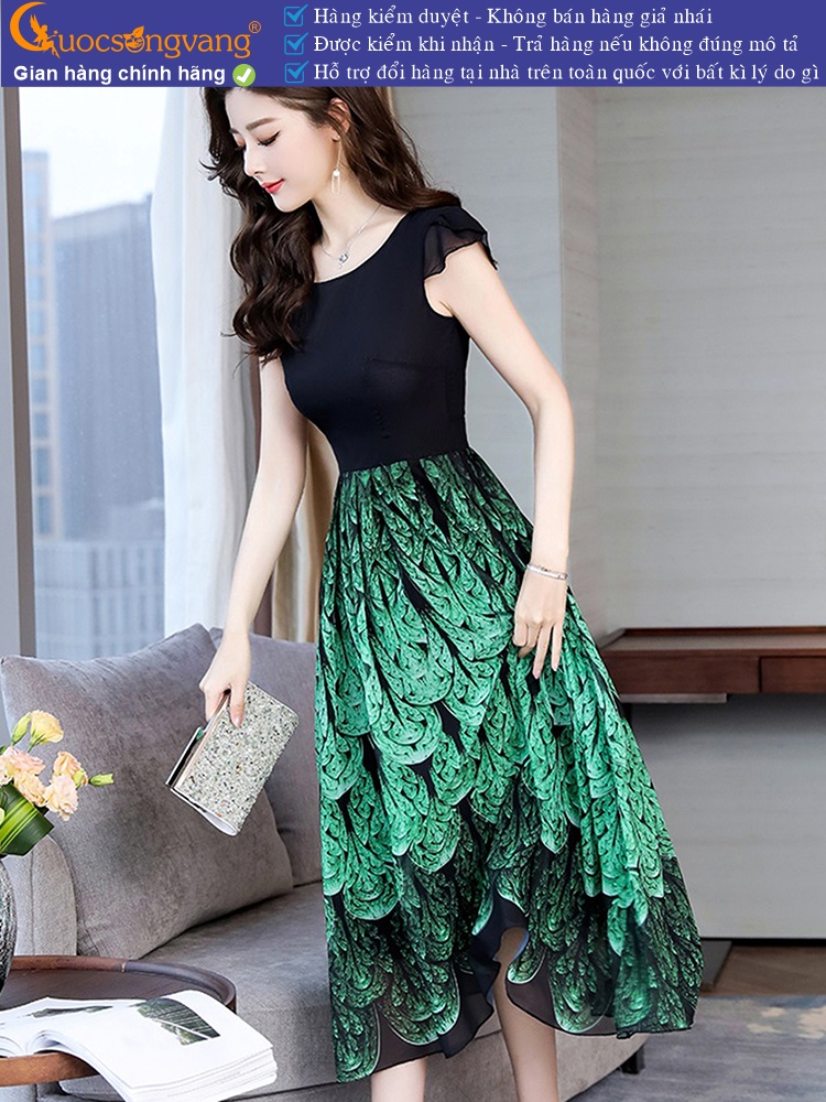 Váy đầm dài cổ tròn ngắn tay maxi in đuôi công GLV152