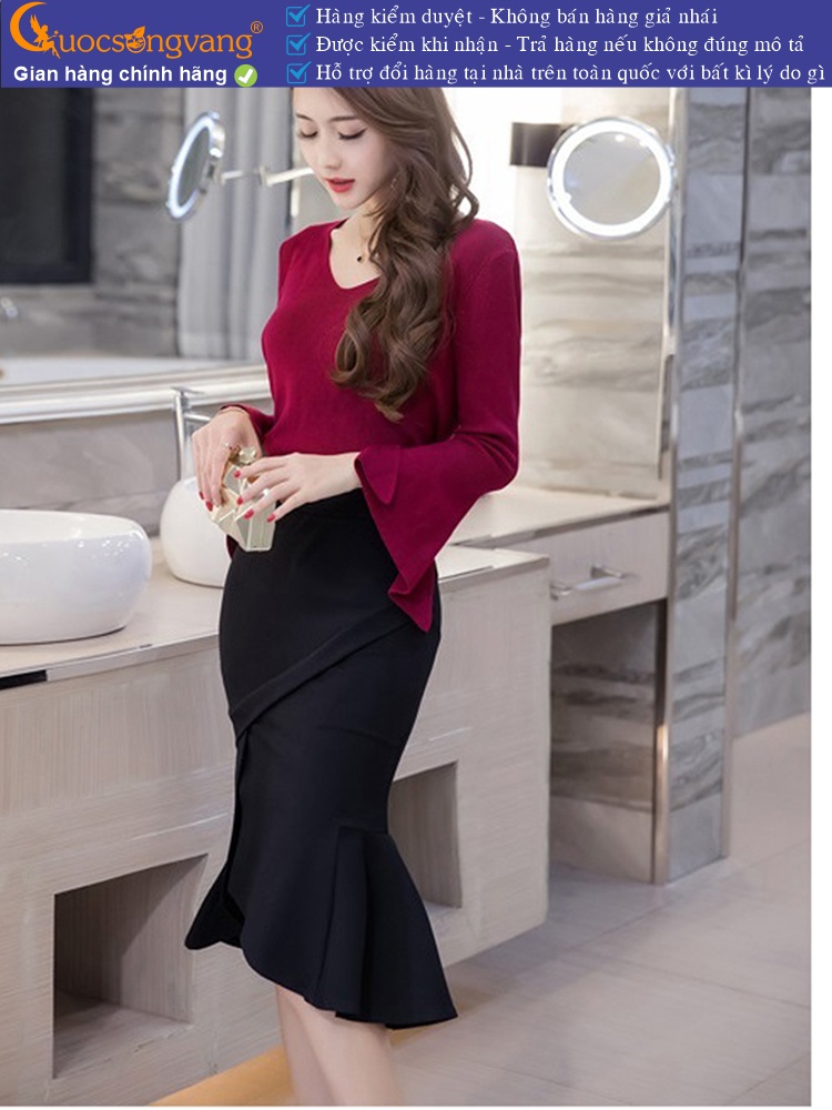 Chân váy công sở lưng cao dáng ôm gấu loe cách điệu GLV159