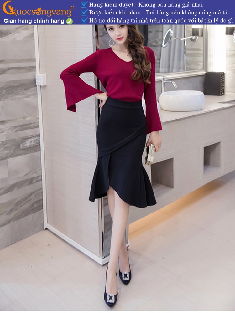 Chân váy công sở lưng cao dáng ôm gấu loe cách điệu GLV159