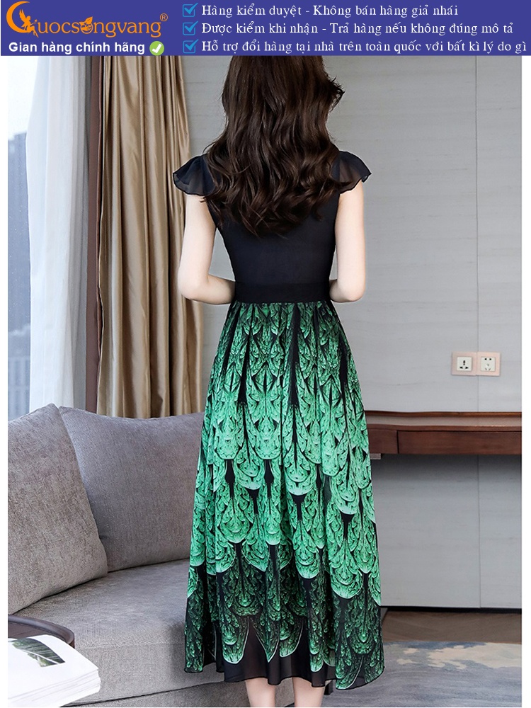 Váy đầm dài cổ tròn ngắn tay maxi in đuôi công GLV152