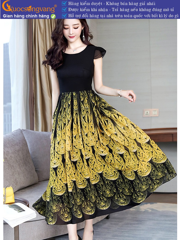 Váy đầm dài cổ tròn ngắn tay maxi in đuôi công GLV152