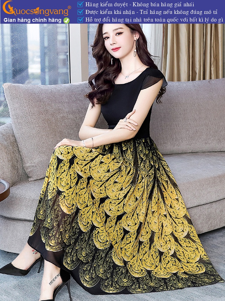 Váy đầm dài cổ tròn ngắn tay maxi in đuôi công GLV152