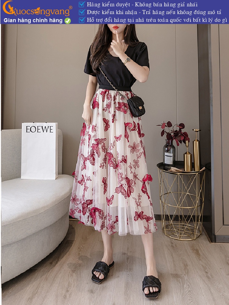 Chân váy dài phủ lưới đính bướm chân váy 3 lớp GLV179