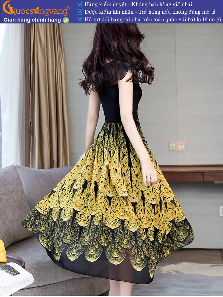 Váy đầm dài cổ tròn ngắn tay maxi in đuôi công GLV152