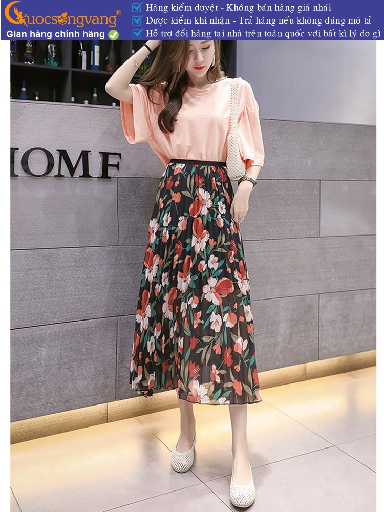 Chân váy midi dập li eo thun có lót trong GLV158