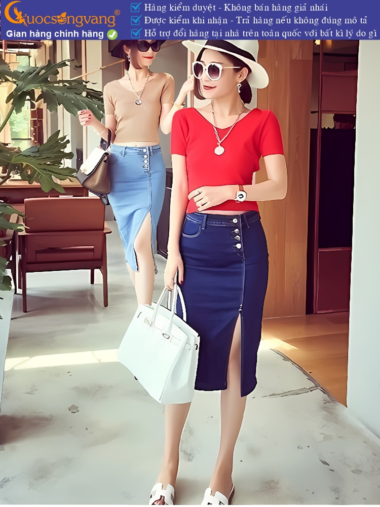 Chân váy jean lưng cao nhiều nút dáng ôm GLV174