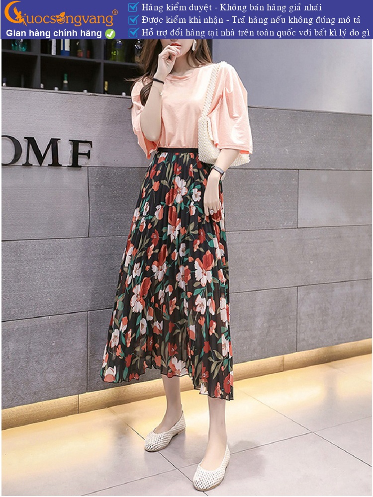 Chân váy midi dập li eo thun có lót trong GLV158