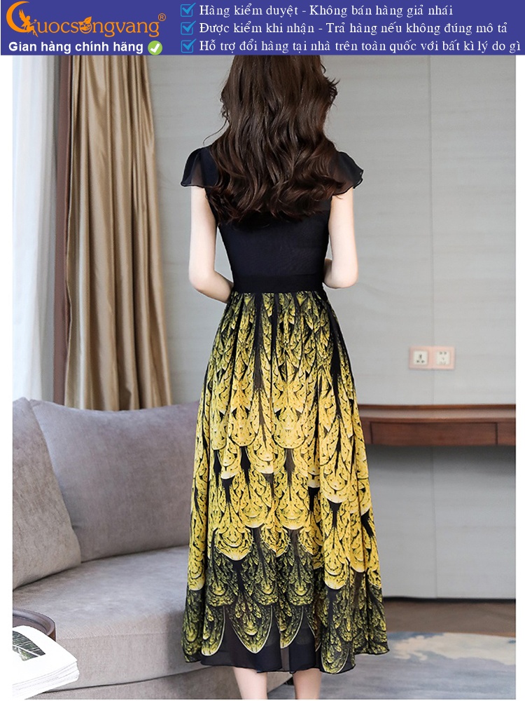 Váy đầm dài cổ tròn ngắn tay maxi in đuôi công GLV152
