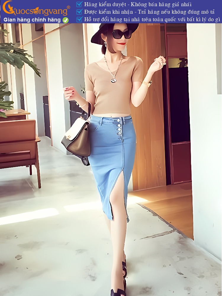 Chân váy jean lưng cao nhiều nút dáng ôm GLV174