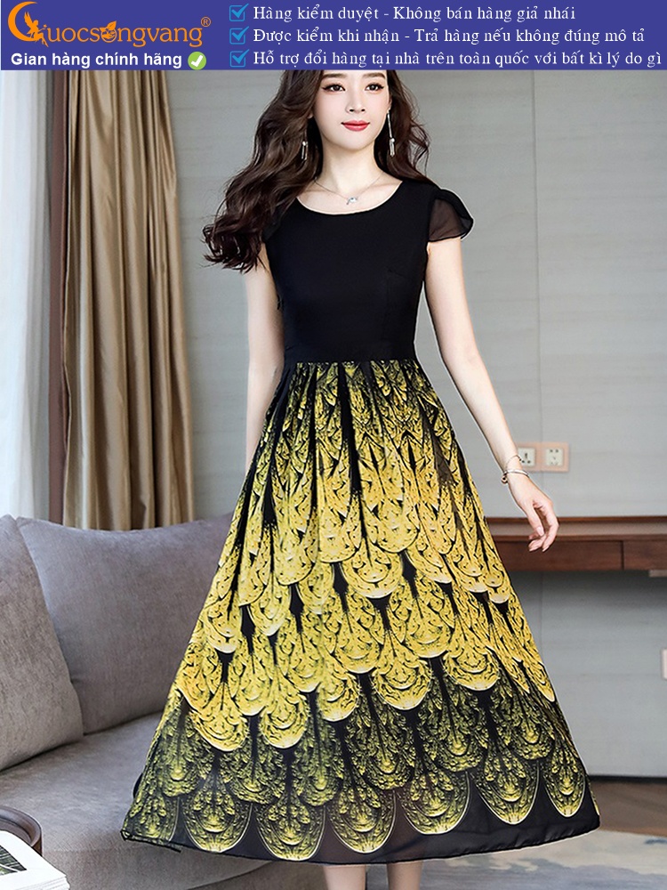 Váy đầm dài cổ tròn ngắn tay maxi in đuôi công GLV152